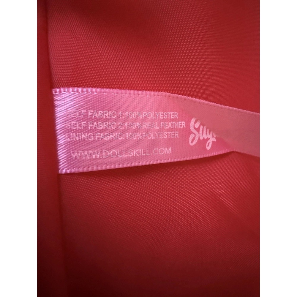 New Dolls Kill Sugar Thrillz Spicy Crushes Brocade Coat Red Feather Trim‎ Dancer - Picture 12 of 16
